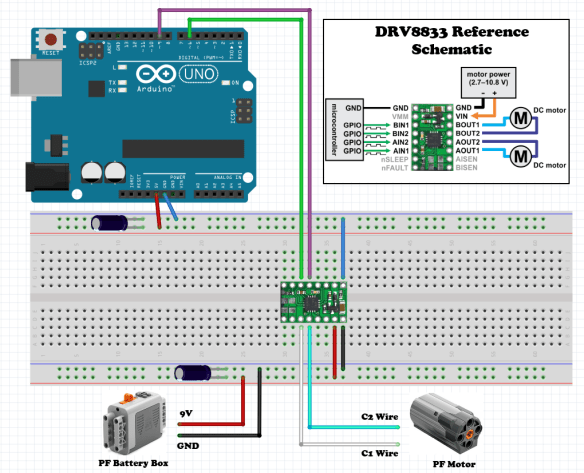 Breadboard layout for connecting our lego motor and battery box